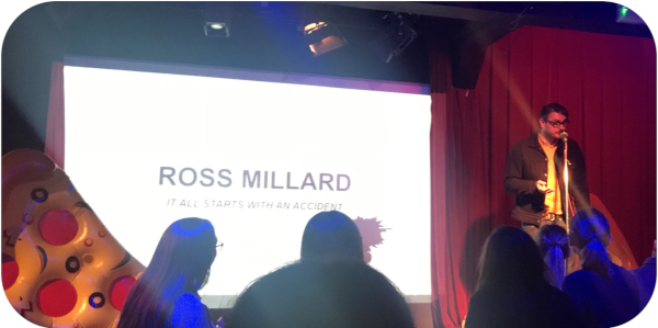 Pizza for losers speaker Ross Millard delivers his speech: It all starts with an accident.